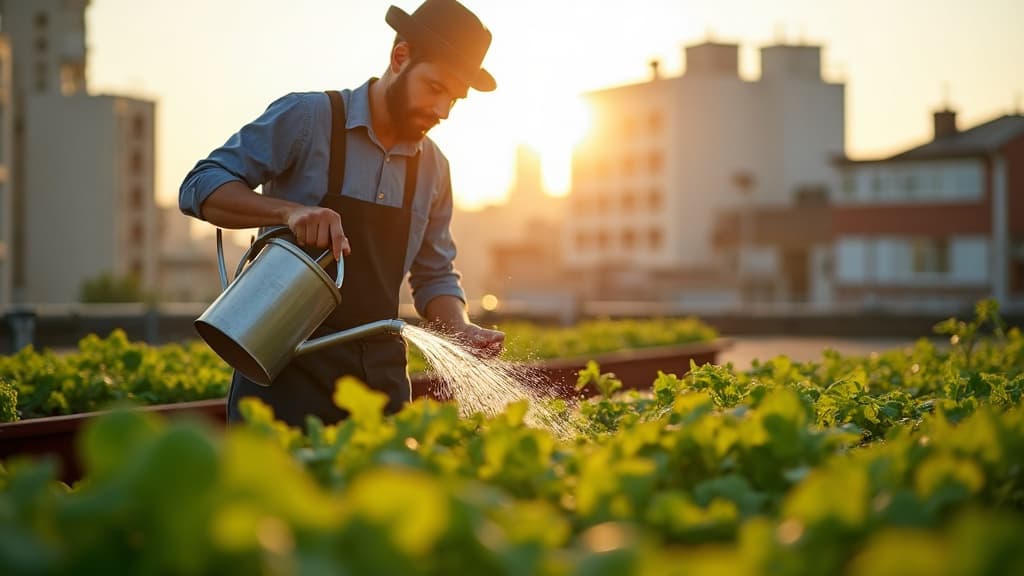An urban farmer watering leafy greens in a rooftop garden bed at golden hour