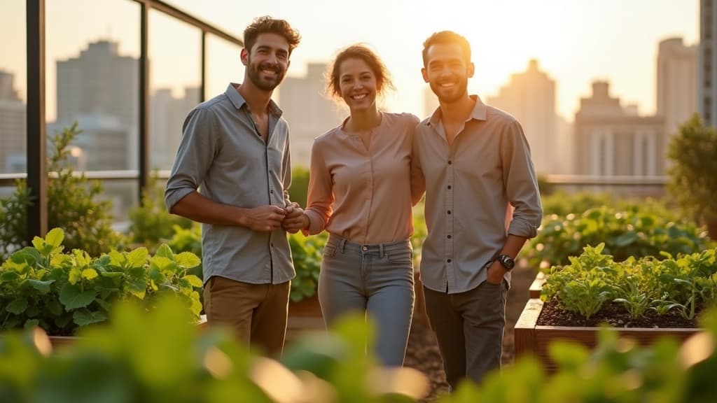 The CityHarvest consulting team standing in a rooftop garden with raised beds