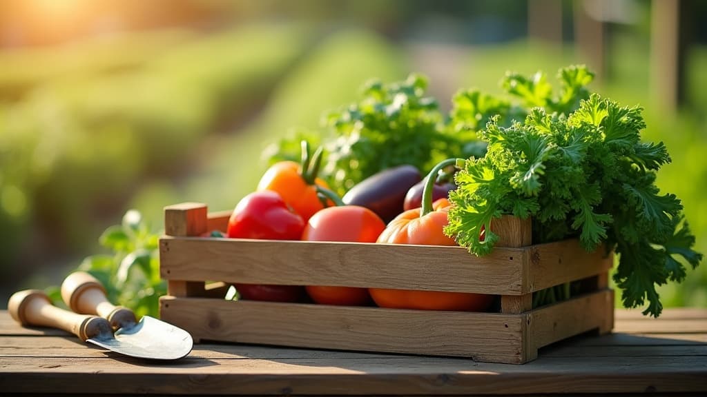 Freshly harvested vegetables in a wooden crate with garden gloves