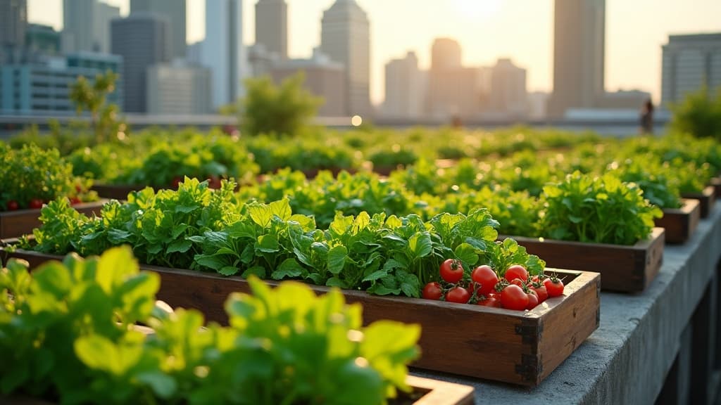Lush rooftop farm with raised beds full of leafy greens above a city skyline