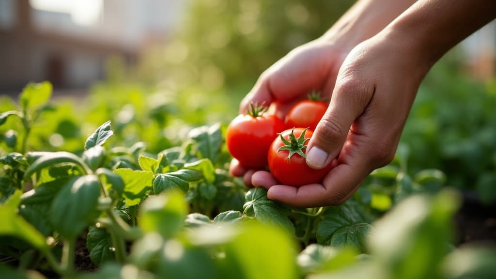 Hands harvesting ripe tomatoes and leafy greens in a rooftop garden bed
